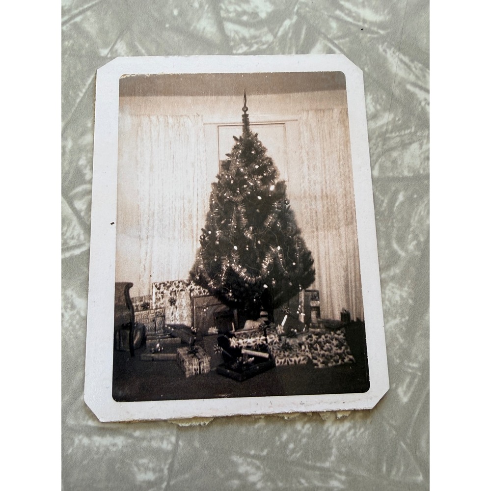 Vintage Polaroid Photo Black and White Christmas Tree Gifts Mid Century Snapshot